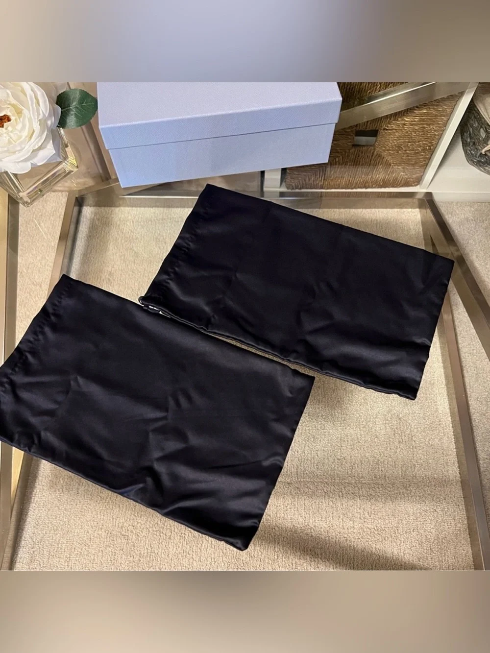 Prada Black Shoe Dust Bags with Light Blue Box